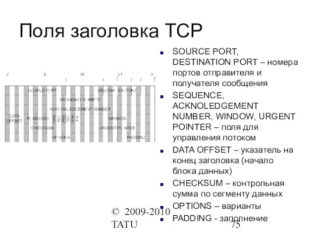 © 2009-2010 TATU Поля заголовка TCP SOURCE PORT, DESTINATION PORT – номера