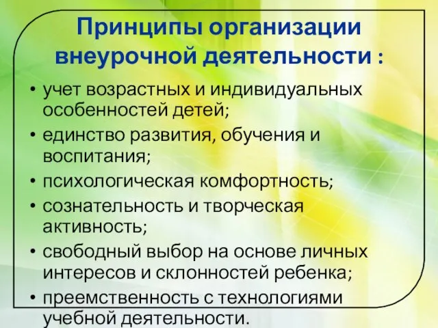 Принципы организации внеурочной деятельности : учет возрастных и индивидуальных особенностей детей; единство