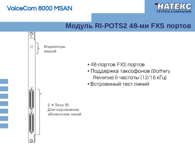 Модуль RI-POTS2 48-ми FXS портов Индикаторы аварий 2 × Telco 50 Для