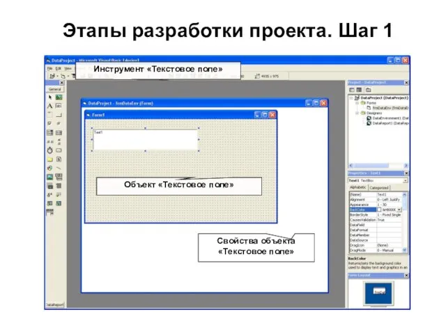 Этапы разработки проекта. Шаг 1 Инструмент «Текстовое поле» Объект «Текстовое поле» Свойства объекта «Текстовое поле»