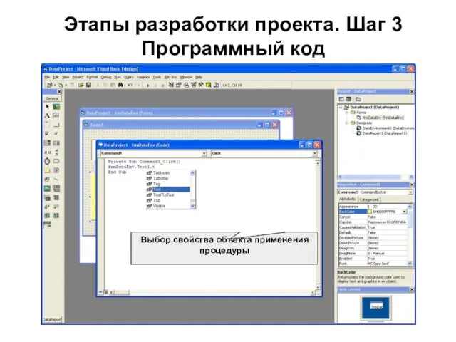 Этапы разработки проекта. Шаг 3 Программный код Выбор свойства объекта применения процедуры