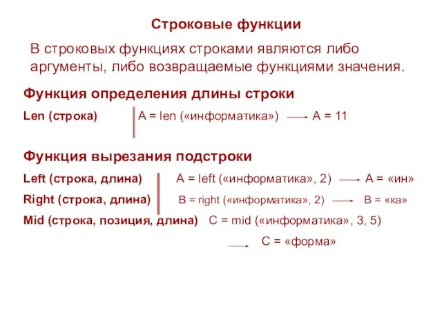 Строковые функции В строковых функциях строками являются либо аргументы, либо возвращаемые функциями