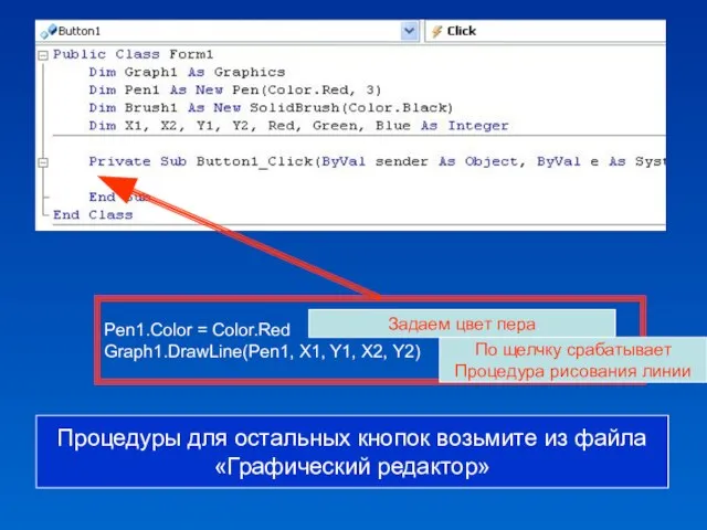 Pen1.Color = Color.Red Graph1.DrawLine(Pen1, X1, Y1, X2, Y2) Pen1.Color = Color.Red Graph1.DrawLine(Pen1,