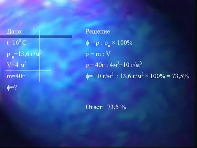 Дано: t=160 С ρ н=13,6 г/м3 V=4 м3 m=40г ϕ=? Решение ϕ