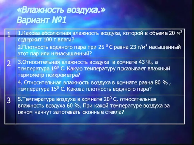 «Влажность воздуха.» Вариант №1