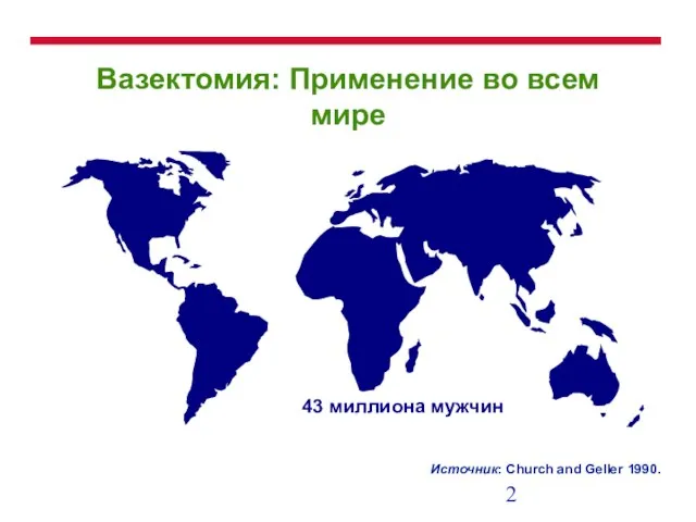 Вазектомия: Применение во всем мире Источник: Church and Geller 1990. 43 миллиона мужчин