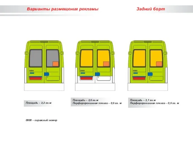 Задний борт Площадь – 2,2 кв.м Варианты размещения рекламы Площадь – 2,6