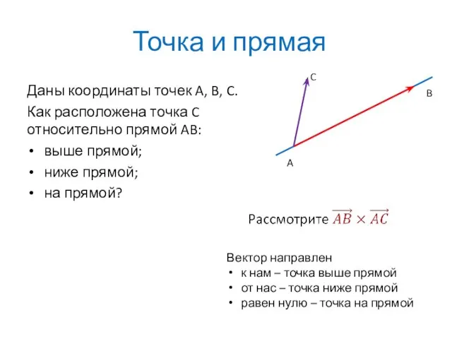 Точка и прямая Даны координаты точек A, B, C. Как расположена точка