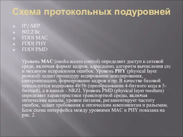 Схема протокольных подуровней IP/ARP 802.2 llc FDDI MAC FDDI PHY FDDI PMD