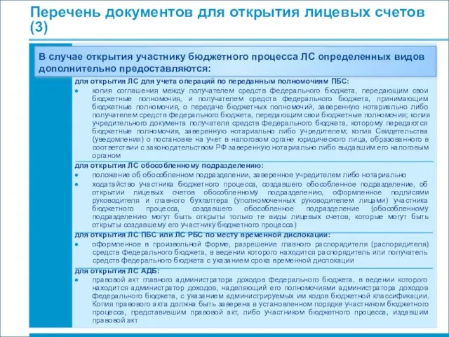 Перечень документов для открытия лицевых счетов (3) В случае открытия участнику бюджетного