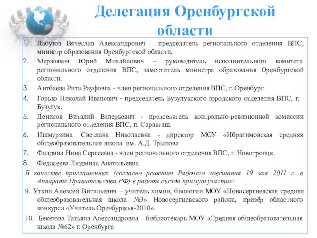 Делегация Оренбургской области Лабузов Вячеслав Александрович – председатель регионального отделения ВПС, министр