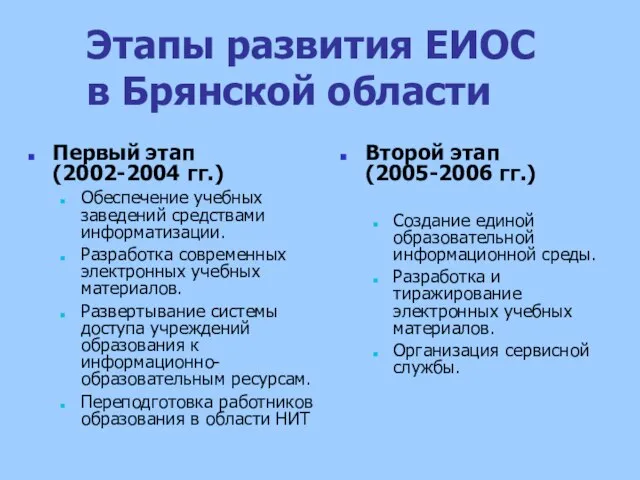 Этапы развития ЕИОС в Брянской области Первый этап (2002-2004 гг.) Обеспечение учебных