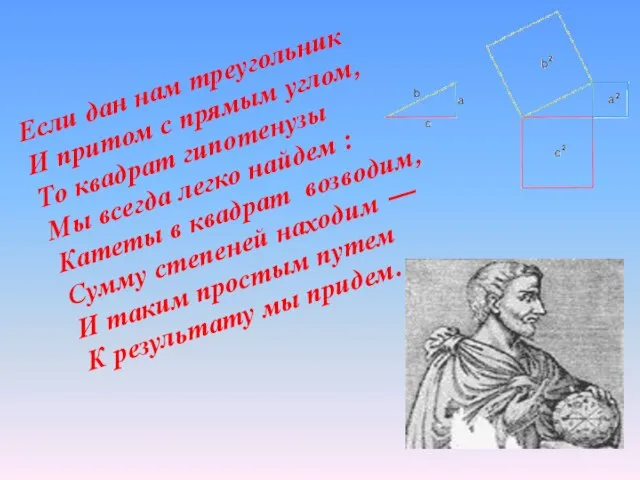 Если дан нам треугольник И притом с прямым углом, То квадрат гипотенузы