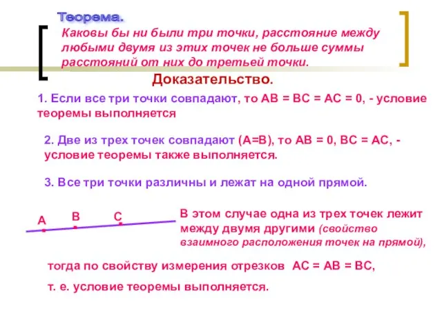 Теорема. Каковы бы ни были три точки, расстояние между любыми двумя из