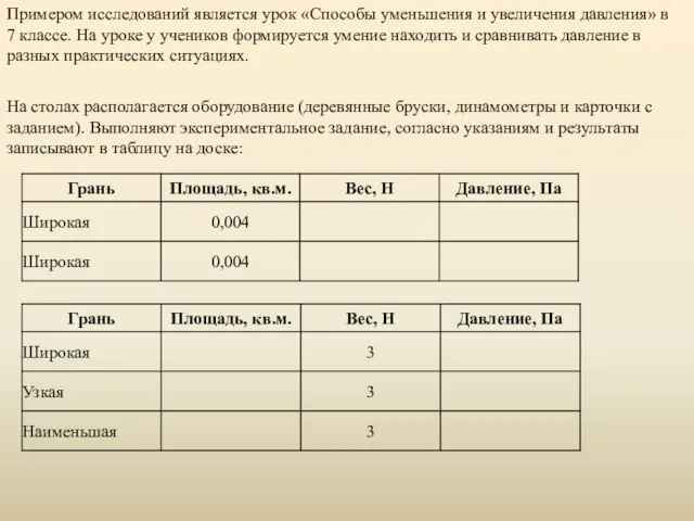 Примером исследований является урок «Способы уменьшения и увеличения давления» в 7 классе.