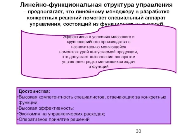 Линейно-функциональная структура управления – предполагает, что линейному менеджеру в разработке конкретных решений