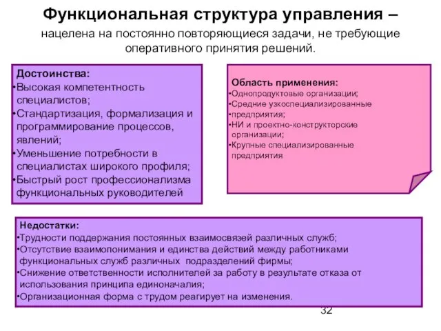 Функциональная структура управления – нацелена на постоянно повторяющиеся задачи, не требующие оперативного