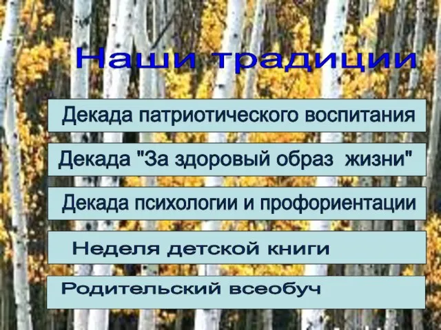 Наши традиции Декада патриотического воспитания Декада "За здоровый образ жизни" Декада психологии