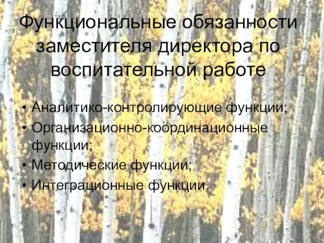 Функциональные обязанности заместителя директора по воспитательной работе Аналитико-контролирующие функции; Организационно-координационные функции; Методические функции; Интеграционные функции.