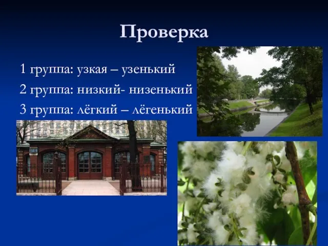 Проверка 1 группа: узкая – узенький 2 группа: низкий- низенький 3 группа: лёгкий – лёгенький