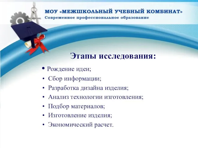 Этапы исследования: Рождение идеи; Сбор информации; Разработка дизайна изделия; Анализ технологии изготовления;