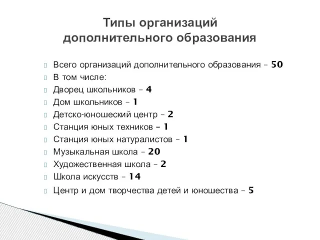 Всего организаций дополнительного образования – 50 В том числе: Дворец школьников –