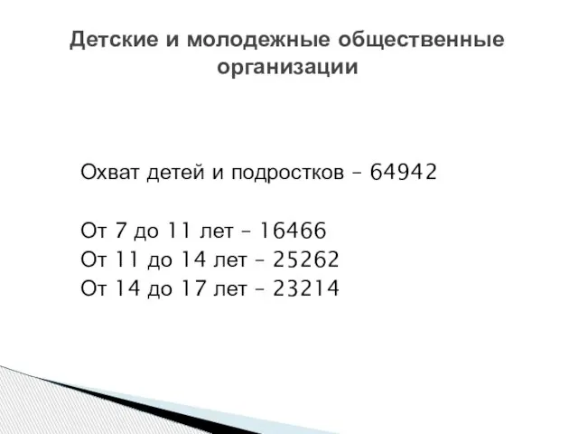 Охват детей и подростков – 64942 От 7 до 11 лет –