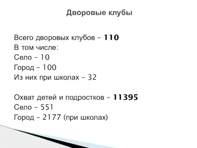 Всего дворовых клубов – 110 В том числе: Село – 10 Город