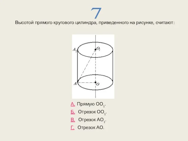 Высотой прямого кругового цилиндра, приведенного на рисунке, считают: 7 А. Прямую ОО1.