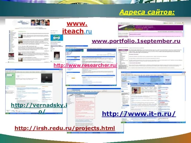 Адреса сайтов: www. iteach.ru http://vernadsky.info/ http://www.it-n.ru/ http://irsh.redu.ru/projects.html www.portfolio.1september.ru http://www.researcher.ru/