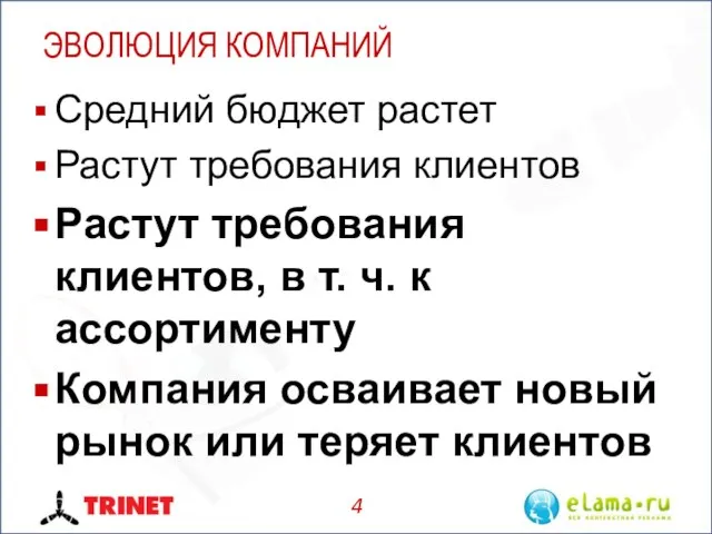 ЭВОЛЮЦИЯ КОМПАНИЙ Средний бюджет растет Растут требования клиентов Растут требования клиентов, в