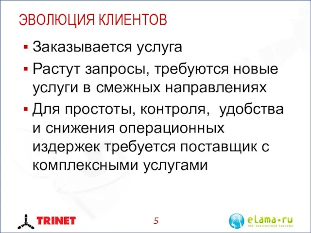 ЭВОЛЮЦИЯ КЛИЕНТОВ Заказывается услуга Растут запросы, требуются новые услуги в смежных направлениях