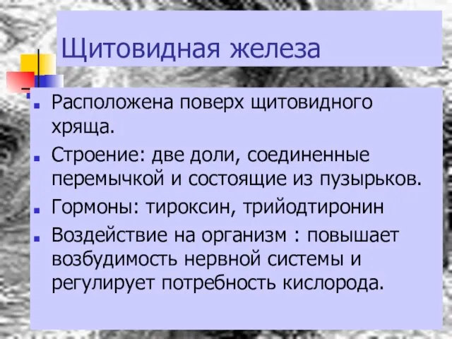 Щитовидная железа Расположена поверх щитовидного хряща. Строение: две доли, соединенные перемычкой и