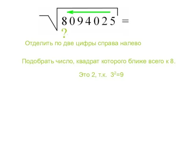 Подобрать число, квадрат которого ближе всего к 8. Отделить по две цифры