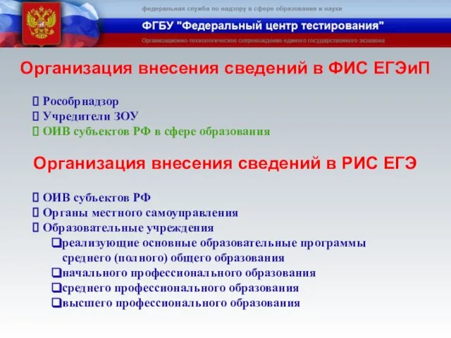 ОИВ субъектов РФ Органы местного самоуправления Образовательные учреждения реализующие основные образовательные программы