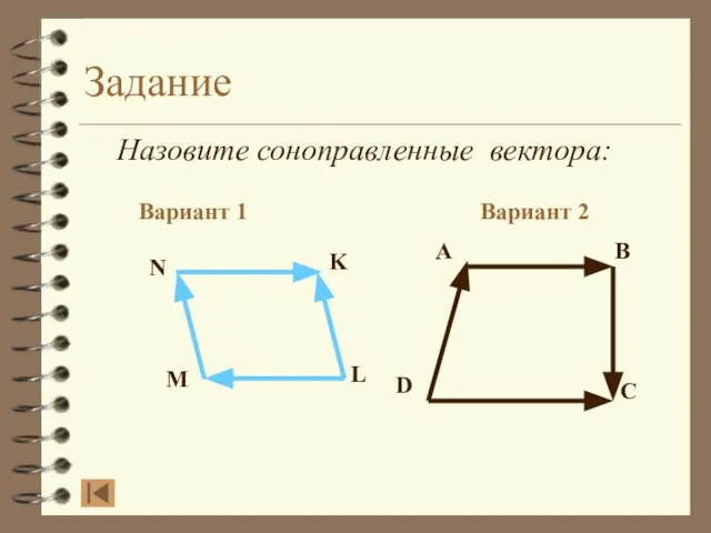 Задание Назовите соноправленные вектора: Вариант 1 Вариант 2 A B D C N K L M