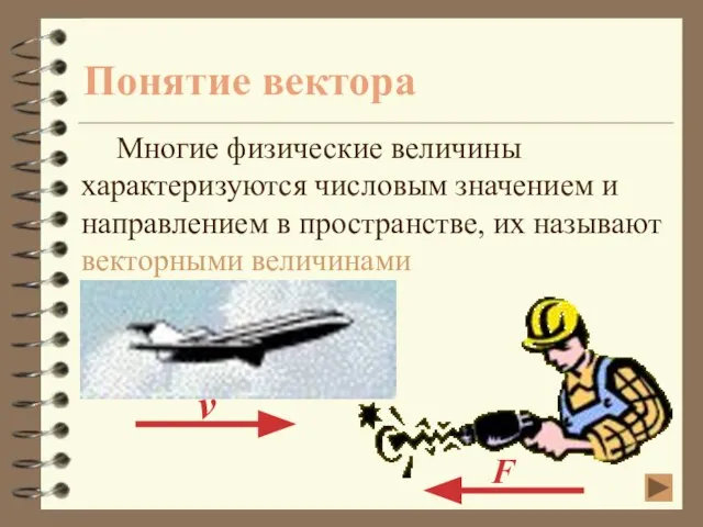 Понятие вектора Многие физические величины характеризуются числовым значением и направлением в пространстве, их называют векторными величинами