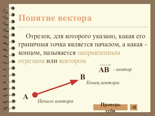 Понятие вектора Отрезок, для которого указано, какая его граничная точка является началом,