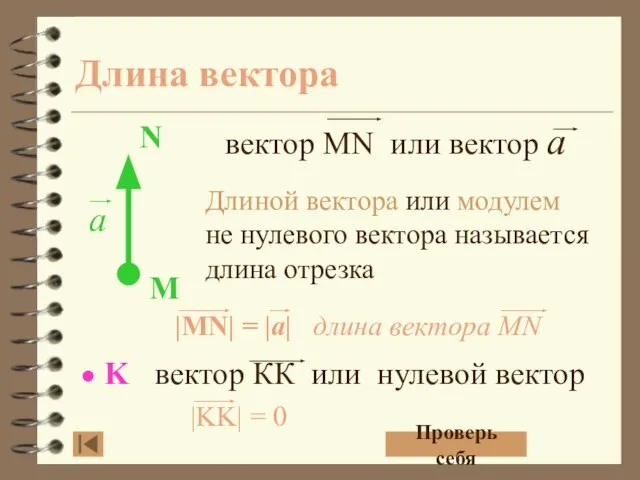 Длина вектора Длиной вектора или модулем не нулевого вектора называется длина отрезка Проверь себя