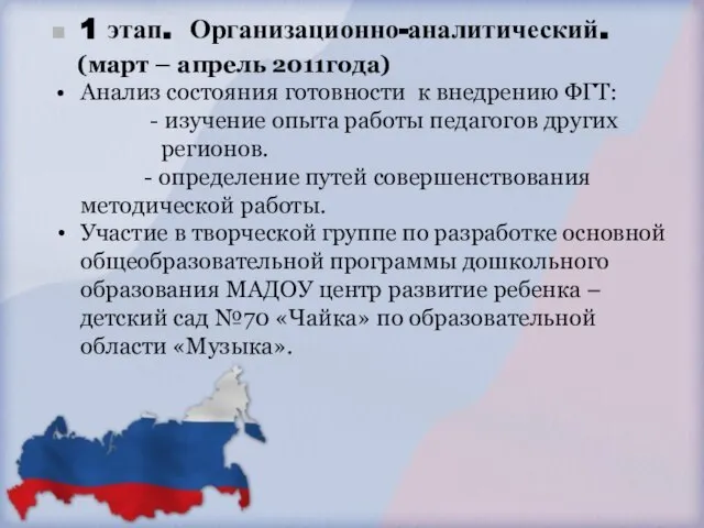 1 этап. Организационно-аналитический. (март – апрель 2011года) Анализ состояния готовности к внедрению