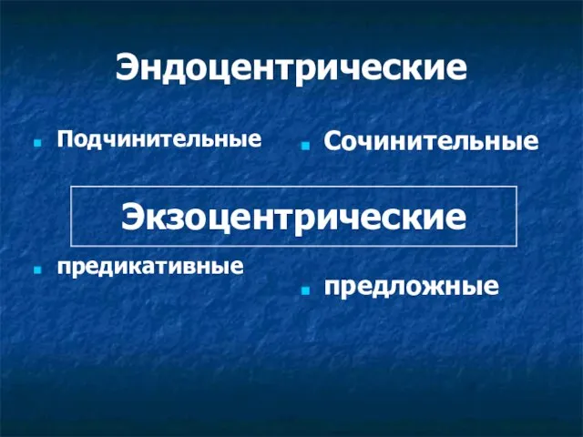 Эндоцентрические Подчинительные предикативные Сочинительные предложные