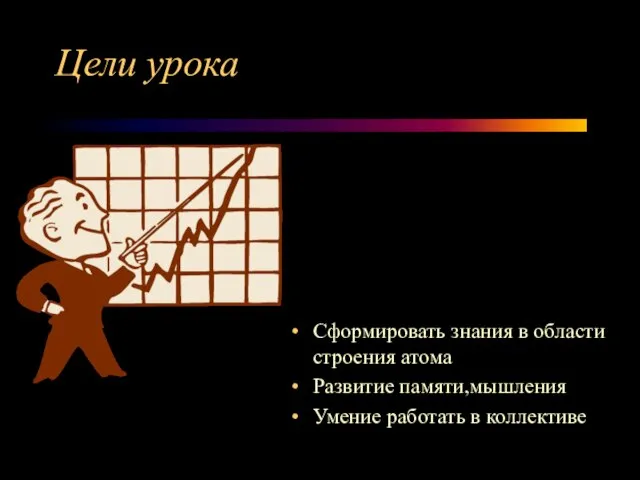 Цели урока Сформировать знания в области строения атома Развитие памяти,мышления Умение работать в коллективе