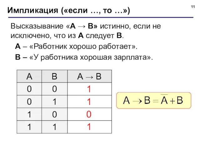 Импликация («если …, то …») Высказывание «A → B» истинно, если не