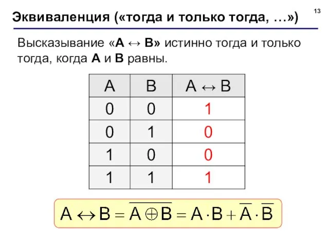 Эквиваленция («тогда и только тогда, …») Высказывание «A ↔ B» истинно тогда