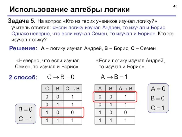 Использование алгебры логики Задача 5. На вопрос «Кто из твоих учеников изучал