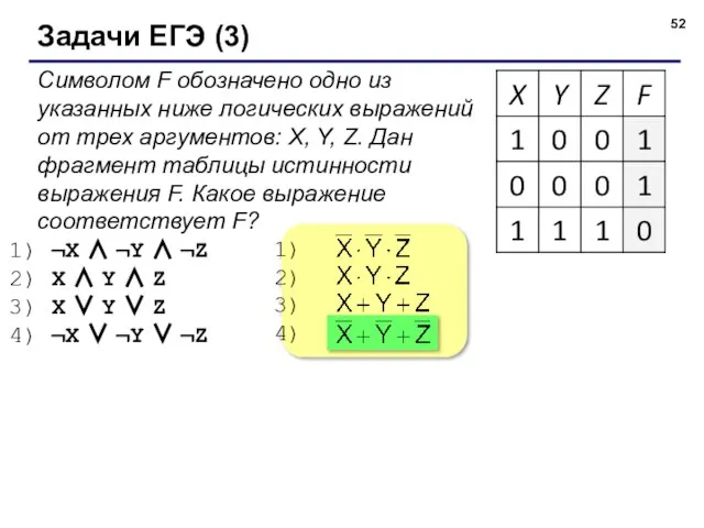 Задачи ЕГЭ (3) Символом F обозначено одно из указанных ниже логических выражений