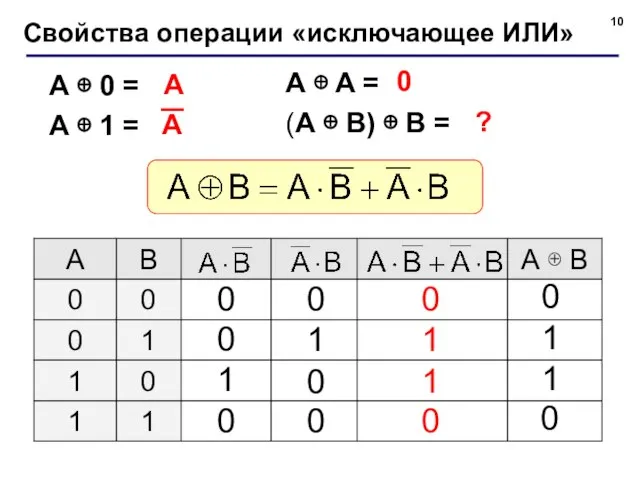 A ⊕ A = (A ⊕ B) ⊕ B = Свойства операции