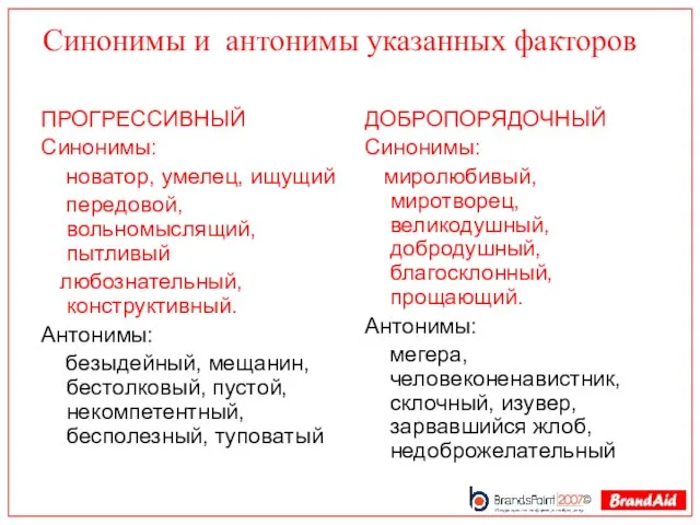 Синонимы и антонимы указанных факторов ПРОГРЕССИВНЫЙ Синонимы: новатор, умелец, ищущий передовой, вольномыслящий,