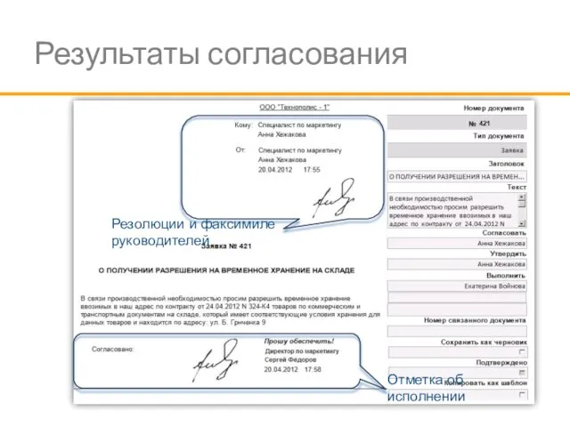 Результаты согласования Резолюции и факсимиле руководителей Отметка об исполнении