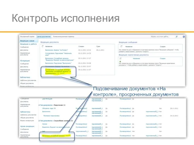 Контроль исполнения Подсвечивание документов «На контроле», просроченных документов